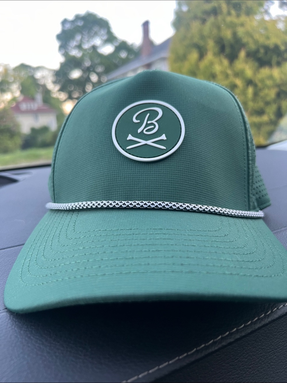 B Logo Green Trucker Hat with Rope Detail